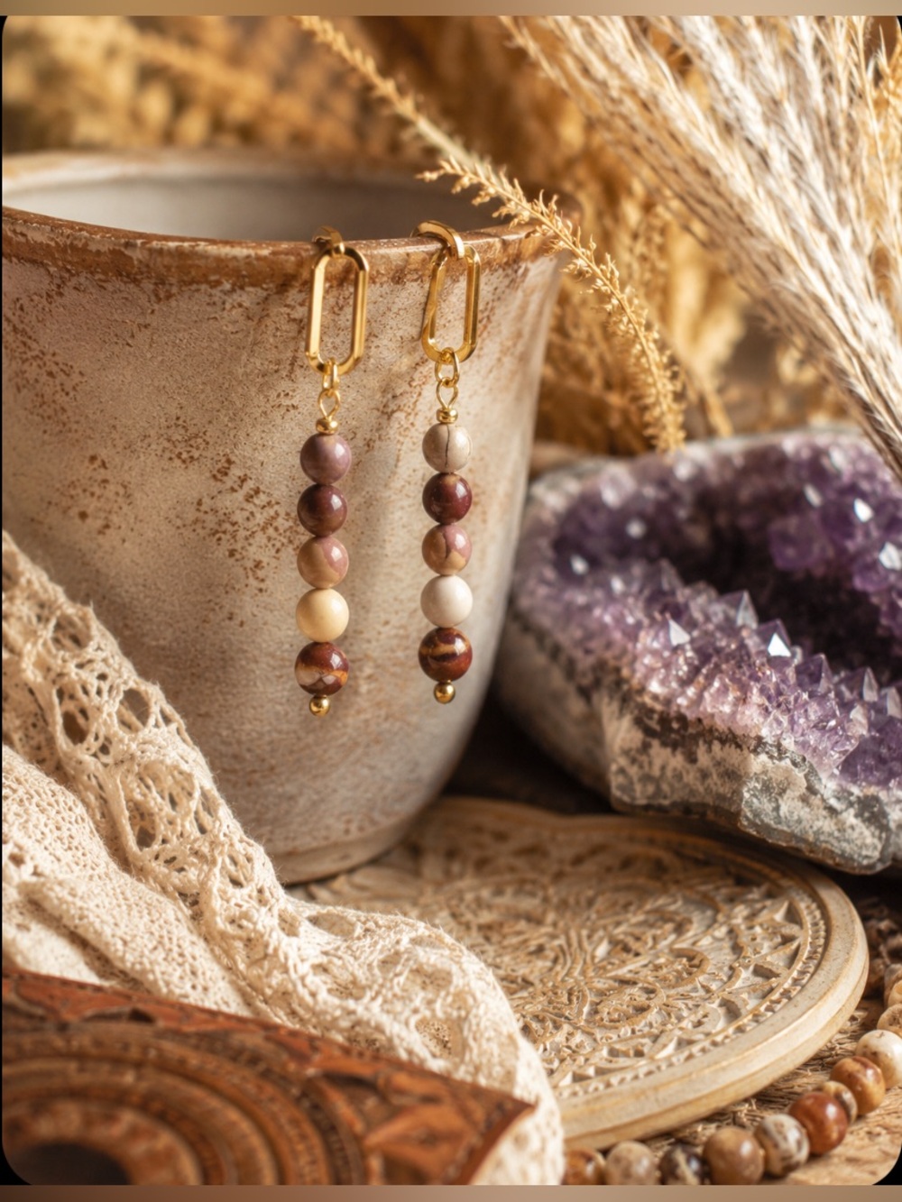 Artisan Gold-Tone Beaded Dangle Earrings in Burgundy, Cream & Tan